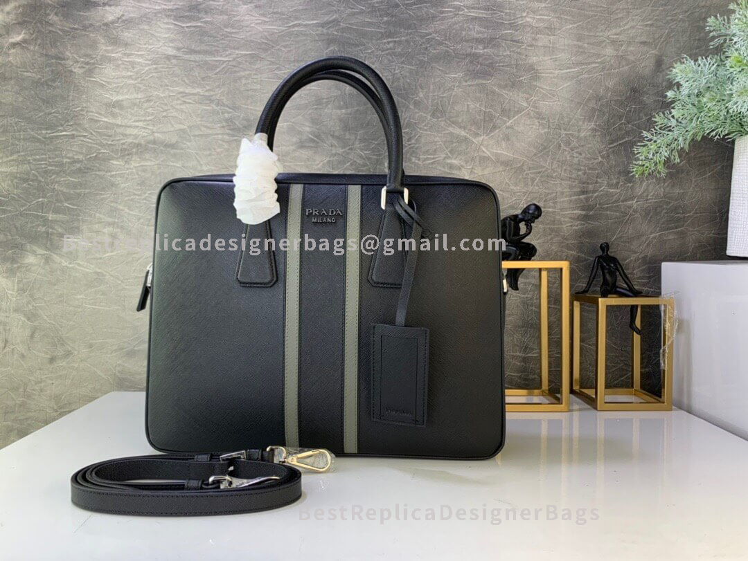 Prada Saffiano Leather Bandoleer Khaki Briefcase SHW 368